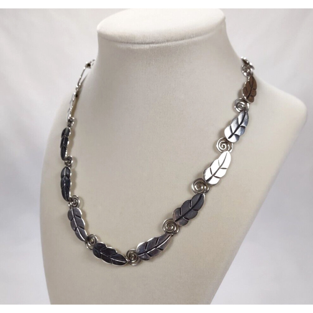 Vintage A or R Muñoz Taxco 925 Sterling Silver Leaf Necklace 17” Handmade Mexico - Picture 7 of 16